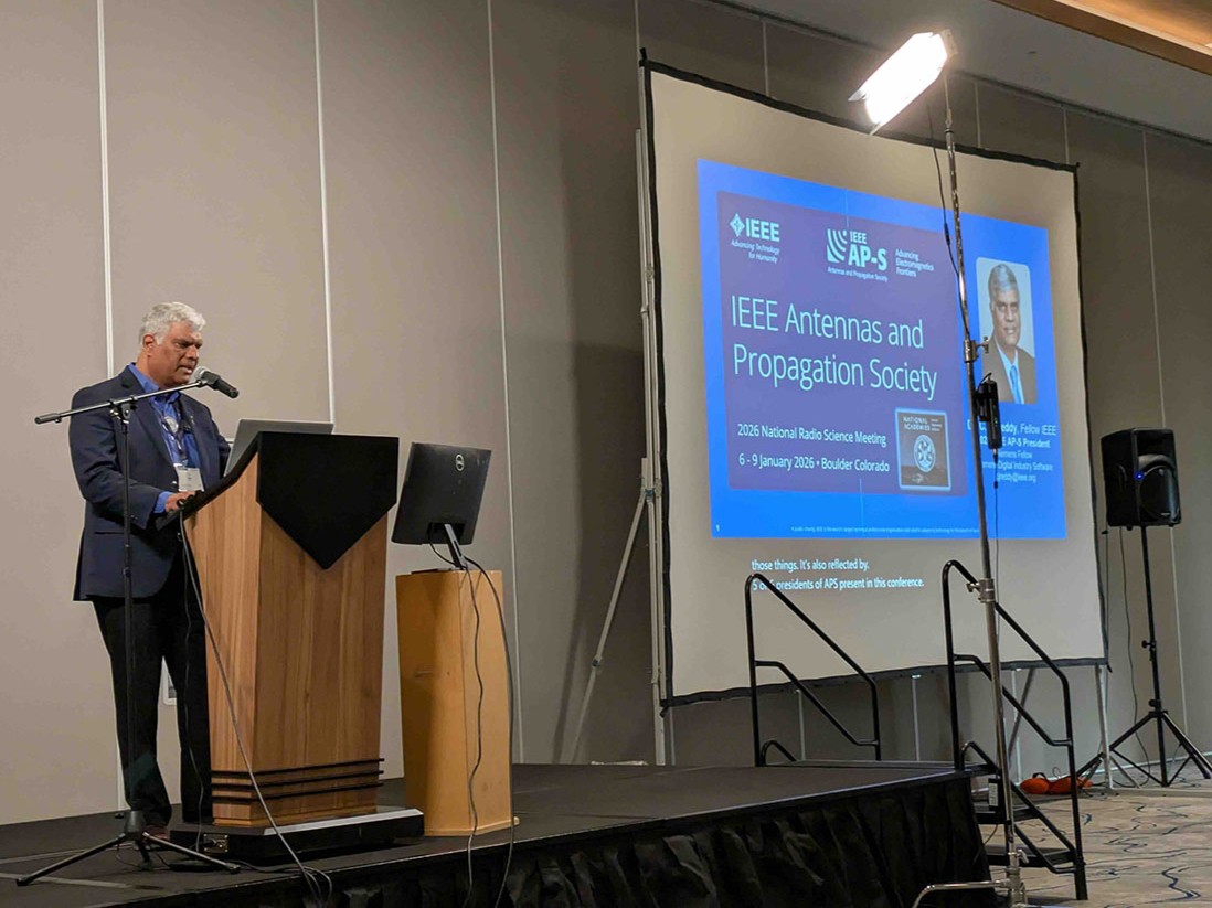 Dr. CJ Reddy, IEEE AP-S President, addresses the attendees during the plenary session.